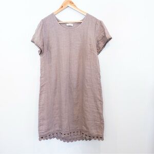 Bellambia Italy Made Linen Crochet Trim Dress XL Artsy Boho Lagenlook Tan Gray